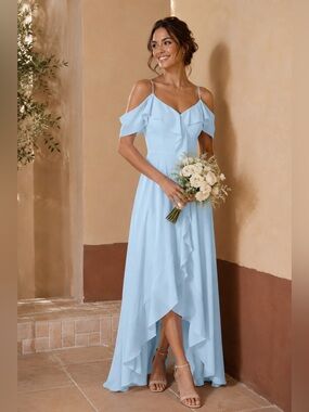 BABARONI Graves Sky Blue V-Neck Off Shoulder Ruffles Asymmetrical Dress 10
